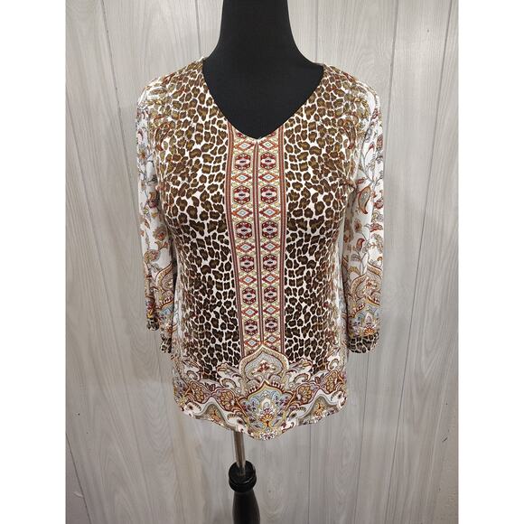 Chicos Top Shirt Women's Large Beige Leopard Floral Bell Sleeve Size 0 Cottage - Picture 1 of 10